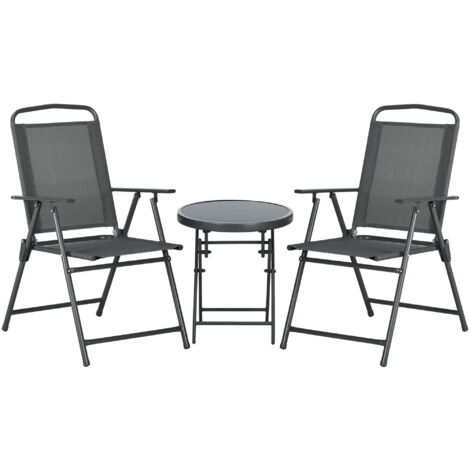 Outsunny Bistro-Set 3-teilig aus Metall Wetterfest Gartenmöbel Set mit klappbar Glastisch Gartenstühlen Outdoor Balkonmöbel Set Sitzgruppe Balkonset Gartengarnitur Dunkelgrau