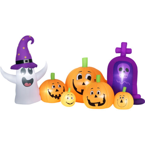 Outsunny calabaza inflable de halloween con fantasma y lápida, con luces led, IP44 e inflador, para jardín, fiestas, 240x130x130 cm, multicolor
