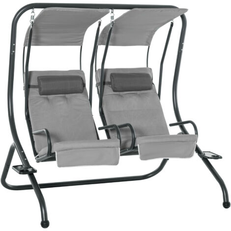 Outsunny Canopy Swing 2 Separate Relax Chairs w/ Handrails and Removable Canopy Grey