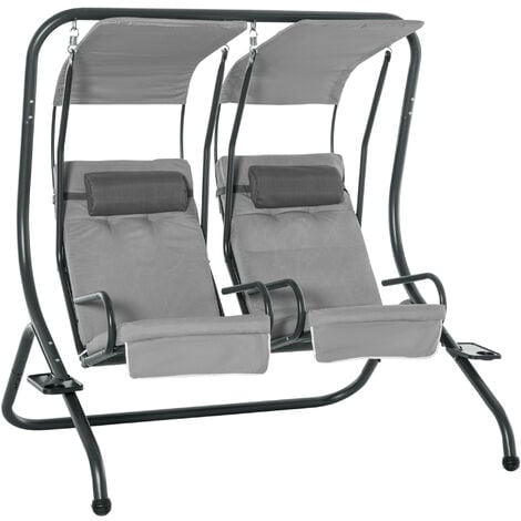 Outsunny Canopy Swing 2 Separate Relax Chairs w/ Removable Canopy Grey