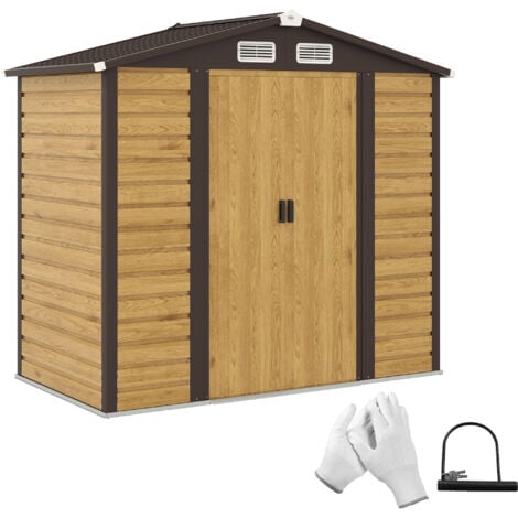 Outsunny caseta de jardín exterior 2,36m² 213x120x194 cm con base refuerzo (suelo no incluido) puertas correderas dobles candado ventanas roble