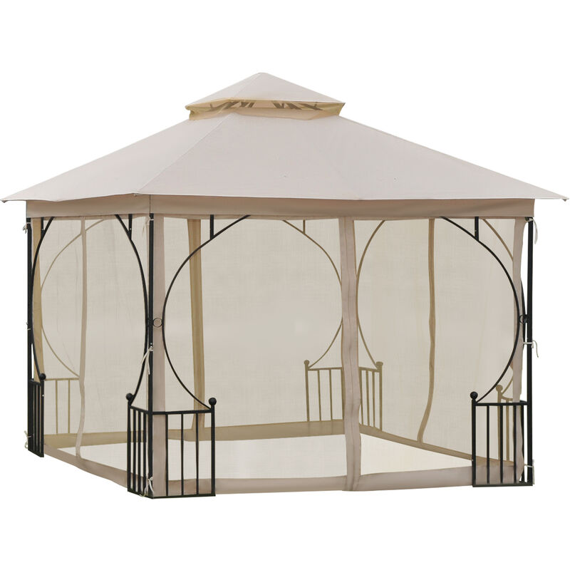

Outsunny - Cenador de Jardín 3x3m con 4 Cortinas Laterales de Cremallera Doble Techo Beige - Beige