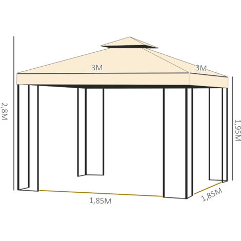 Outsunny Cenador de Jardín 3x3x2,8 m Gazebo Carpas para Exterior Grandes con Doble Techo Mosquiteras y Marco de Acero para Patio Fiesta Beige