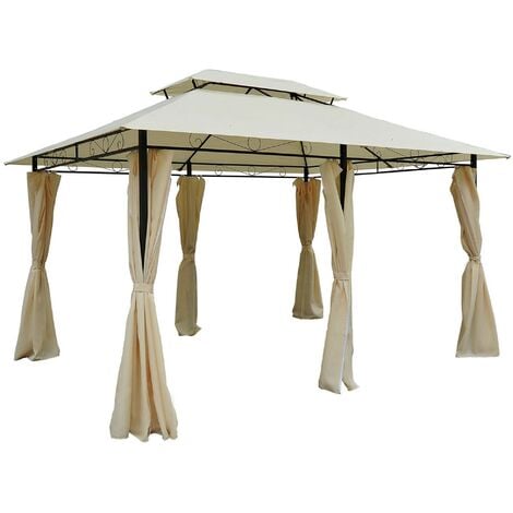 Outsunny cenador de jardín 3x4 m gazebo de exterior con paredes laterales doble techo 6 puertas con cremallera y 8 orificios de drenaje para terraza