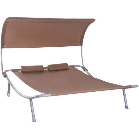 Outsunny Chaise Longue 2 Places Toit Orientable Roues Coussins Marron