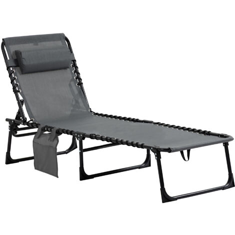Outsunny Chaise longue pliable bain de soleil transat relaxation dossier réglable 5 positions appuie-tête amovible poche latérale intégrée revêtement textilène acier 189x58x30 cm gris