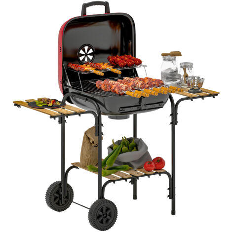 Outsunny Charcoal Barbecue Grill Portable BBQ with Lockable Lid, Vent, Red