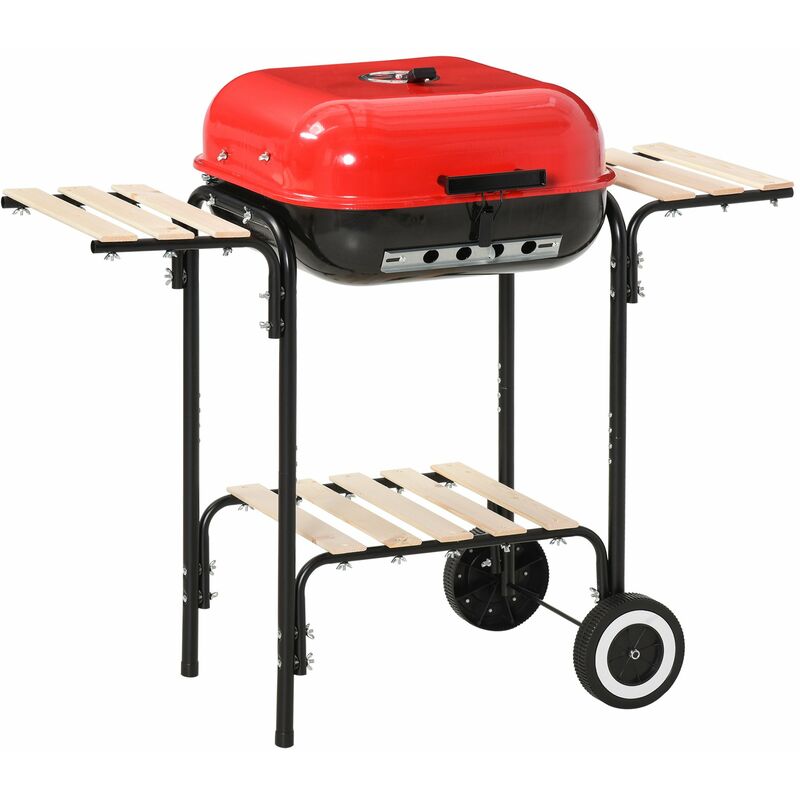 Charcoal Steel Grill Portable BBQ Outdoor Garden w/ Wheels Wood Shelves Red - Outsunny