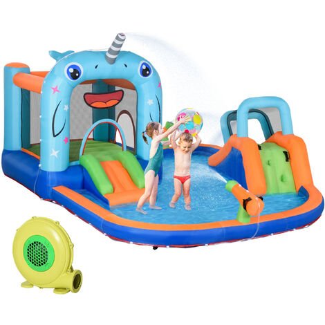 Outsunny – Château gonflable enfant 420x370x230cm – 4 enfants – Piscine, toboggans, mur d'escalade, pistolets à eau – Polyester Oxford haute densité