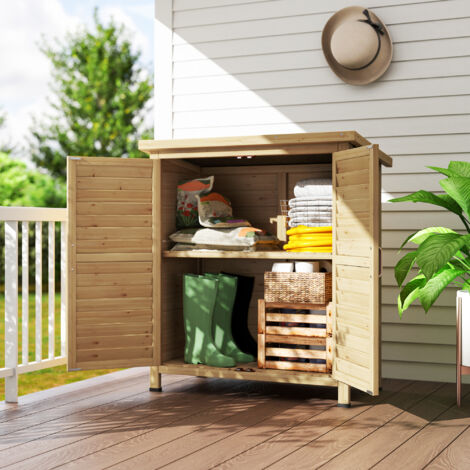 Outsunny Cobertizo de Almacenamiento de Madera para Jardín 87x46,5x96,5 cm con 2 Estantes Interiores 2 puertas de Buena Ventilación y Techo Inclinado para Exterior Terreza Natural