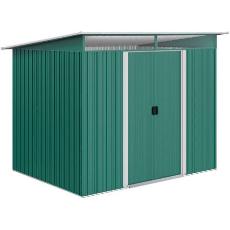 Outsunny cobertizo de jardín exterior metálica 4,5 m² 260x194x200 cm con paneles frontales transparentes y 2 puertas corredizas verde oscuro