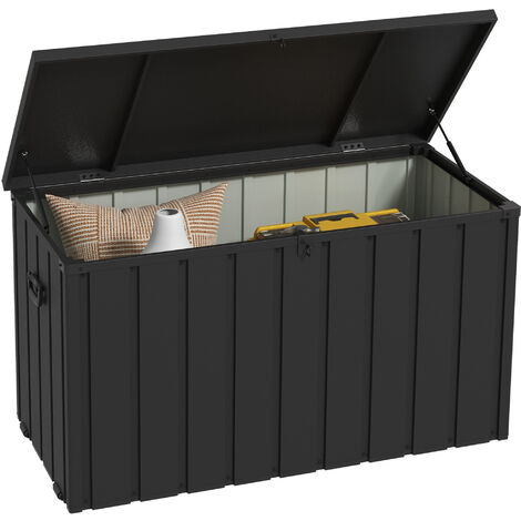 Outsunny – Coffre de jardin 450L en acier gris – Dimensions 125,5x61,5x70cm – Couvercle avec vérin à gaz – Poignées et roulettes intégrées
