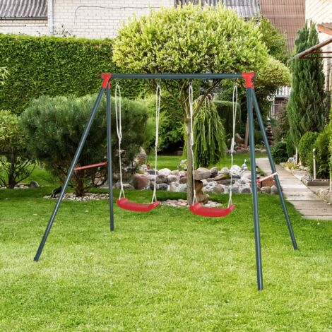 Outsunny Columpio Doble para Niños +3 Años con Soporte de Metal Juego de Columpio Infantil Cuerda Ajustable Exteriores Carga Máx. 40kg 239x156x180 cm Verde Rojo