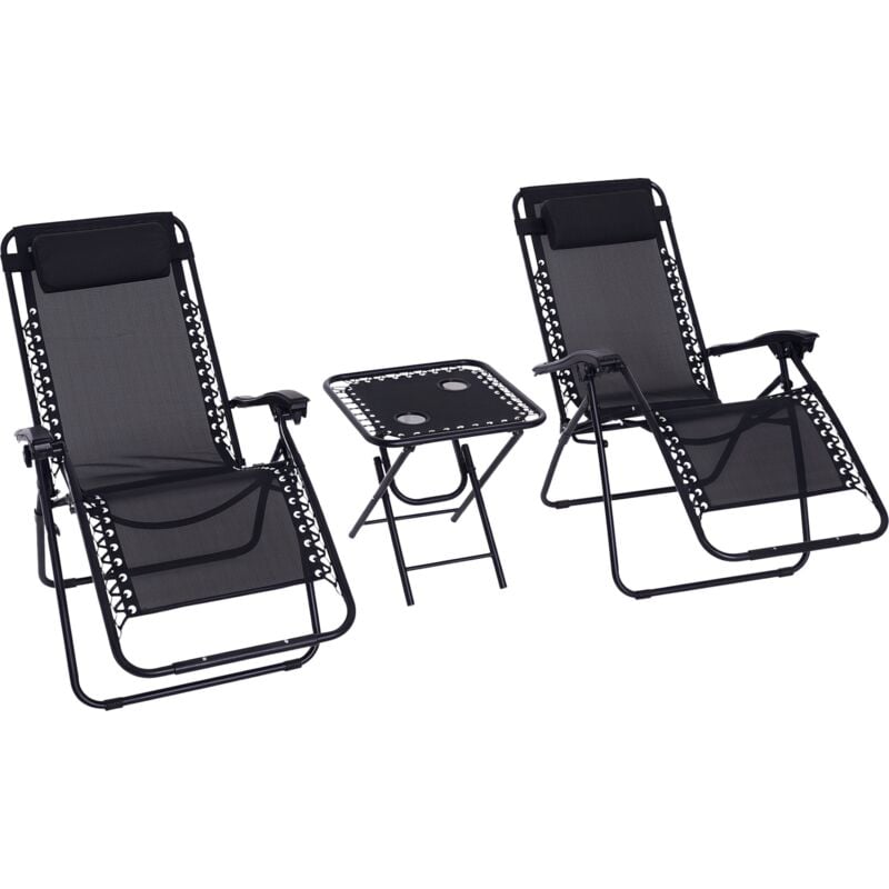 

Set de 2 Sillas de Gravedad Cero Plegables 90x65x110 cm y Mesa Auxiliar con 2 Portavasos Sillas Reclinables con Reposacabezas para Jardín Terraza