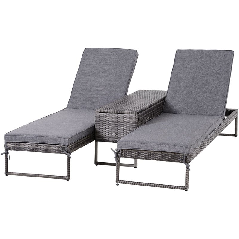 

Outsunny - Conjunto de 2 Tumbonas de Terraza con Mesa Ratán 195x60x86 cm - gris