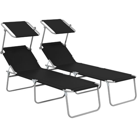 Outsunny conjunto de 2 tumbonas plegables tumbonas de jardín con toldo desmontable y ajustable respaldo regulable en 4 niveles 187x58x36 cm
