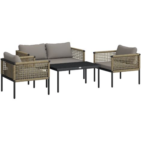 Outsunny conjunto de jardín de ratán sintético de 4 piezas incluye 1 sofá doble 2 sillones y mesa de centro con cojines natural y gris