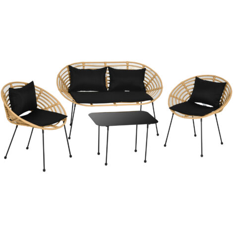 Outsunny conjunto de jardín de ratán sintético de 4 piezas incluye 1 sofá doble 2 sillones y mesa de vidrio con cojines natural y negro