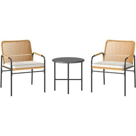 Outsunny conjunto de jardín exterior 3 piezas muebles de jardín con 2 sillas con cojines extraíbles y mesa con tablero de metal resistente natural