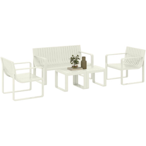 Outsunny conjunto de jardín exterior 5 piezas con 2 sillones 1 sofá de 2 plazas y 2 mesas de centro diseño de lamas impermeable anti-UV blanco