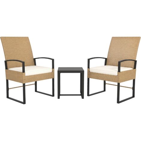 Outsunny conjunto de jardín exterior de 3 piezas de 2 sillas y mesa de ratán con respaldo ajustable cojines y encimera de vidrio templado beige