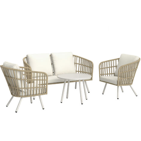 Outsunny conjunto de jardín exterior de ratán sintético de 4 piezas incluye sofá de 2 plazas 2 sillones 1 mesa de metal con cojines crema y natural