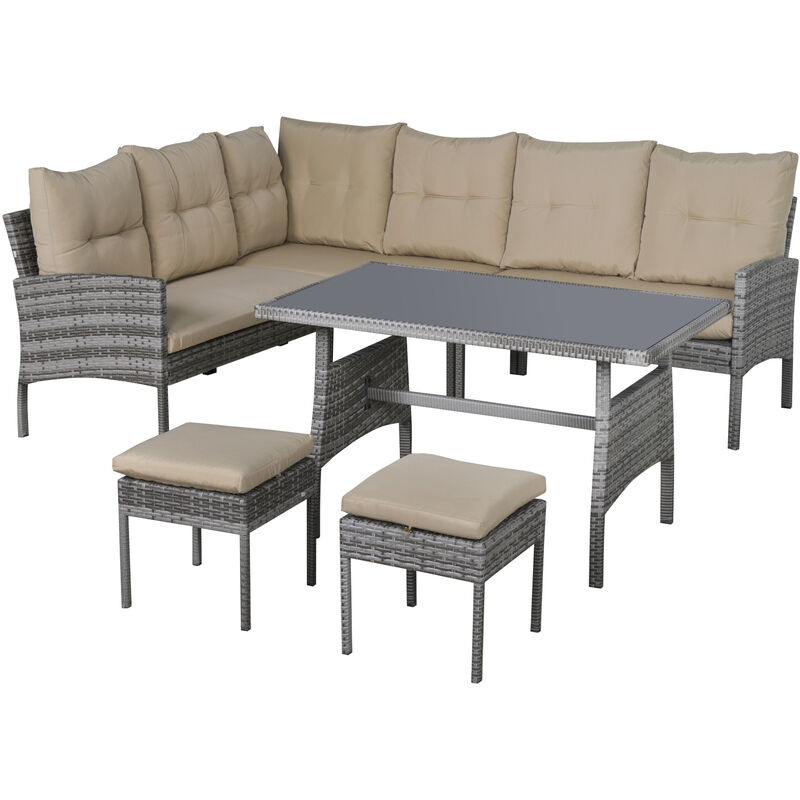 

Outsunny - Conjunto de Muebles de Jardín 6 Piezas de Ratán Sofás de 2 Plazas Taburete Mesa - Gris y Caqui