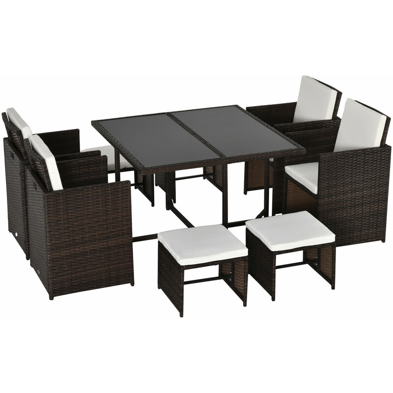 

Conjunto de Muebles de Jardín Comedor 9 Piezas de Ratán Apilables con Cojines para Terraza 1 Mesa 4 Sillas y 4 Taburetes de Exterior Elegante - Marrón