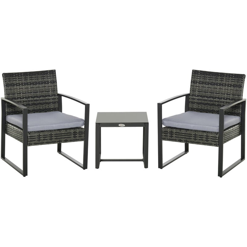 

Outsunny - Conjunto de Muebles de Ratán Jardín 3 Piezas 1 Mesa 2 Sillas para Patio Gris - Gris