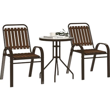 Outsunny conjunto jardín exterior de 3 piezas con 2 sillas apilables mesa con encimera de vidrio templado para terraza patio balcón marrón oscuro