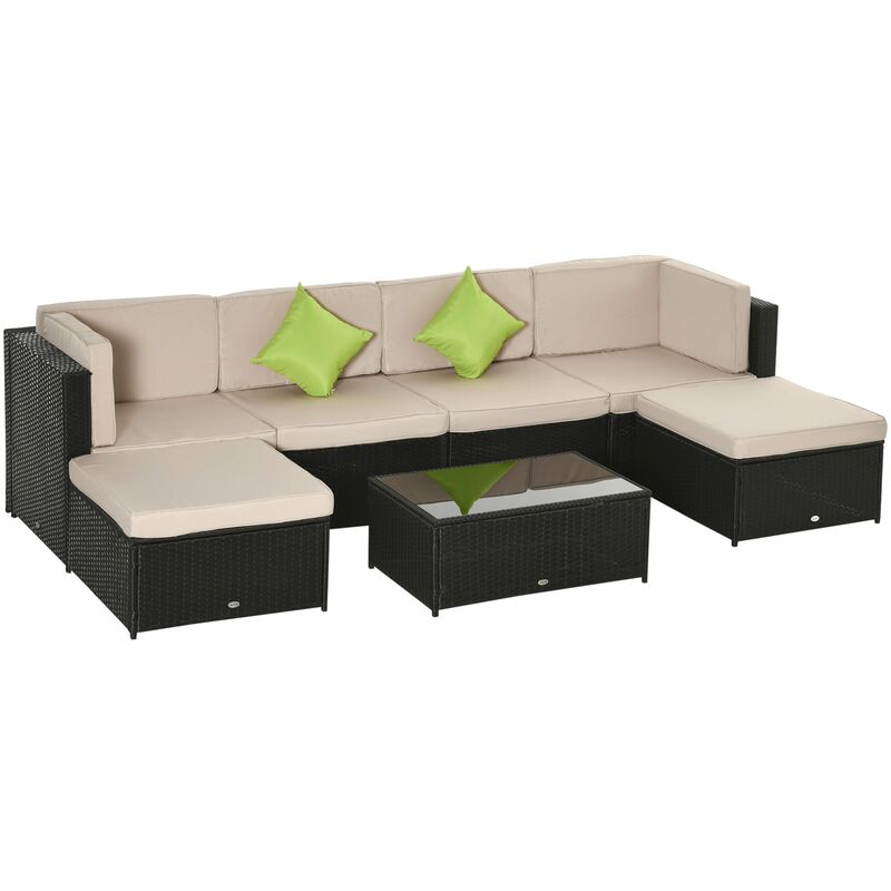 

Outsunny - Conjunto Muebles de Jardín de Ratán 7 Piezas Mesa Sofás Taburetes con Cojines - negro, caqui y verde