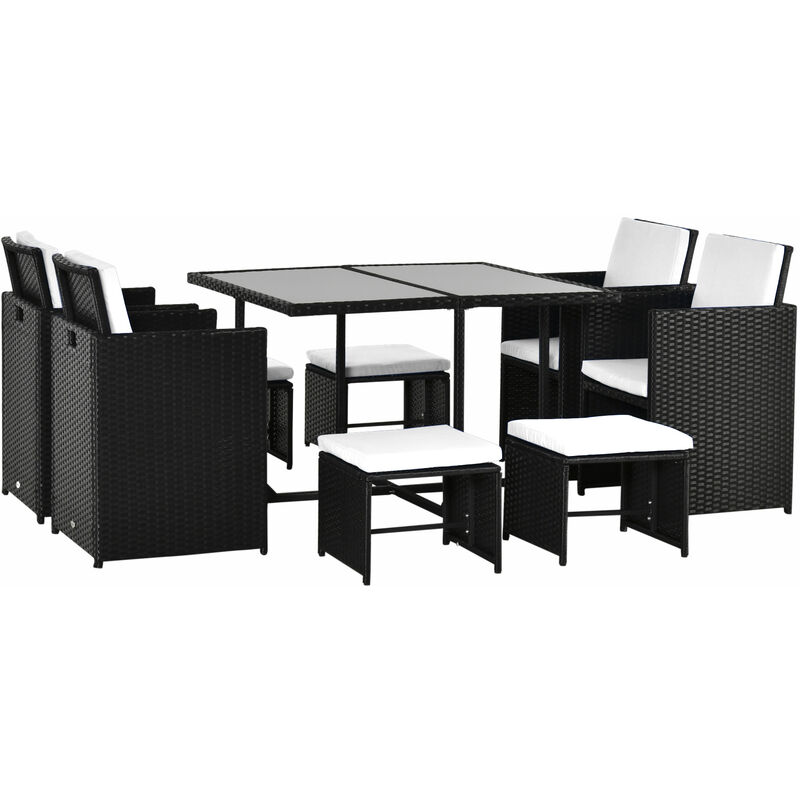 

Conjunto de Muebles de Jardín Comedor 9 Piezas de Ratán Apilables con Cojines para Terraza 1 Mesa 4 Sillas y 4 Taburetes de Exterior Elegante - Negro