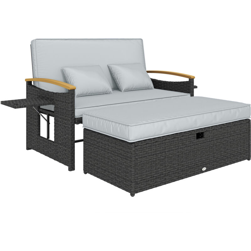 Outsunny Double Garden Rattan Daybed with Storage Ottoman, Dark Grey