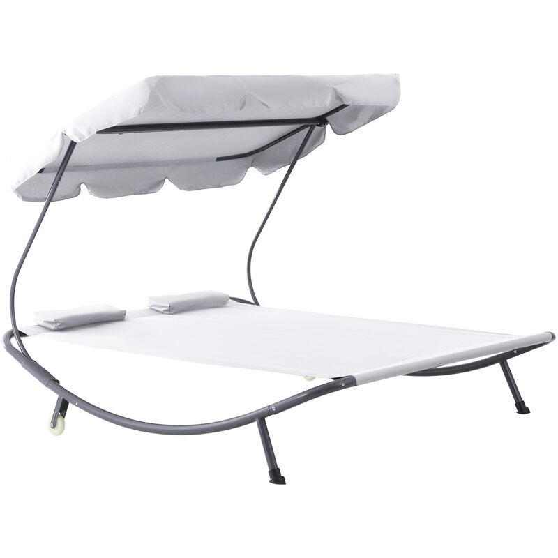 Double Hammock Sun Lounger Bed Canopy Shelter Wheels 2 Pillows Cream White - Outsunny