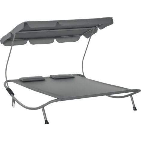 Outsunny Double Hammock Sun Lounger Bed Patio Canopy Shelter Wheels 2 Pillows Garden Grey
