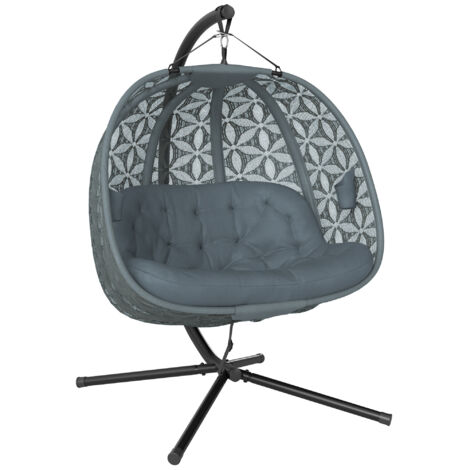 Outsunny Double Hanging Swing Chair w/ Stand & Cup Holders, Charcoal Grey