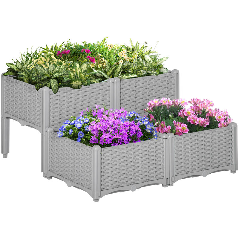 Outsunny - Elevated Flower Bed Vegetable Herb Planter Plastic, Grey 4 PCs