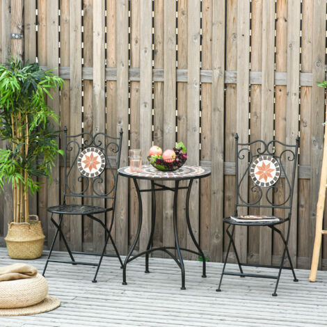 Outsunny Ensemble Bistro 2 Places 3 pièces Style Fer forgé mosaïque céramique Motif Rose des Vents chaises Pliables métal époxy Noir