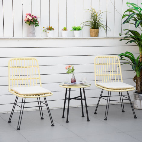 Outsunny Ensemble bistro de jardin 3 pièces 2 chaises + table basse ronde verre trempé 2 coussins zippés déhoussables polyester résine tressée PE métal galvanisé Ø 45 x 50 cm crème