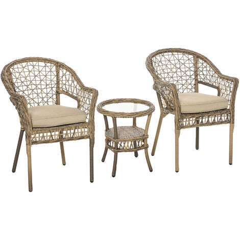 Outsunny Ensemble bistro de jardin style bohème chic 2 fauteuils avec coussins + table basse résine tressée beige - Beige