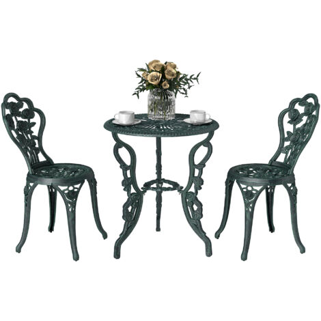 Outsunny Ensemble Jardin 2 Places 2 Fauteuils + Table Ronde Rétro Rose Fonte Aluminium Vert
