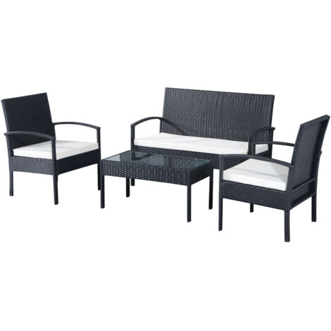 Outsunny Ensemble salon de jardin 4 places : canapé, 2 fauteuils et table basse plateau verre trempé résine tressée 4 fils  imitation rotin noir coussins blanc