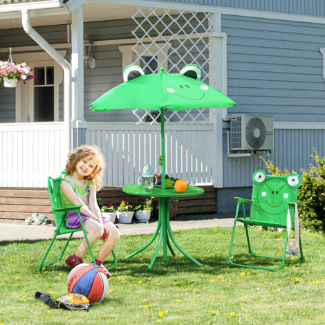 Outsunny Ensemble Salon de Jardin Enfant 4 pcs Design Grenouille - Table Ronde + 2 chaises Pliables + Parasol - métal époxy Oxford Vert