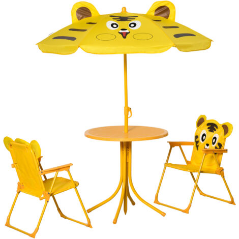 Outsunny Ensemble Salon de Jardin Enfant 4 pièces Tigre - Table Ronde + 2 Chaises Pliables + Parasol - Métal Époxy Oxford Jaune