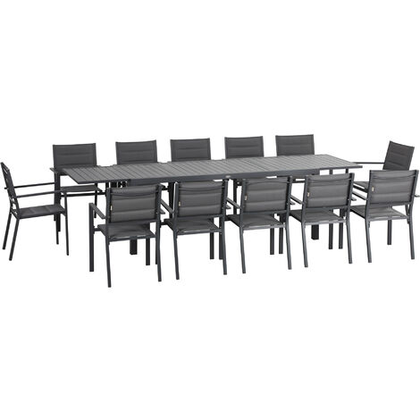 Outsunny – Ensemble table et chaises de jardin 13 pièces – Table extensible 200/300 cm – Aluminium et textilène – Confort optimal avec accoudoirs