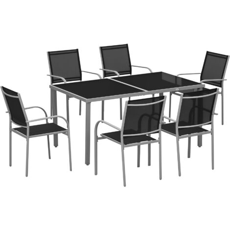 Outsunny – Ensemble table et chaises de jardin 6 personnes – Chaises empilables en textilène – Table en verre trempé et acier époxy – Dimensions 150L x 90l x 72H cm