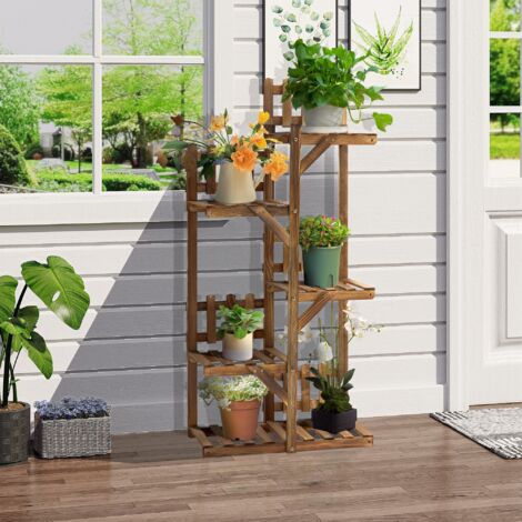 Outsunny Étagère à Fleurs en Bois Supports de Pots Porte Plante Bois 5 tablettes Ornement Petites barrières 60 x 30x 130cm Bois de Sapin traité carbonisation pour Intérieur Jardin Terrasse Balcon