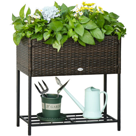 Outsunny Fioriera per Interno ed interno Effetto Vimini con Ripiano Marrone 70 x 30 x 72cm