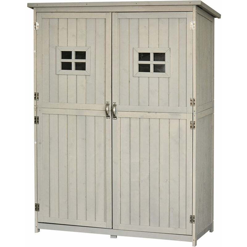 Fir Wood Garden Shed Outdoor Storage Unit w/ Shelves Windows Light Grey - Outsunny