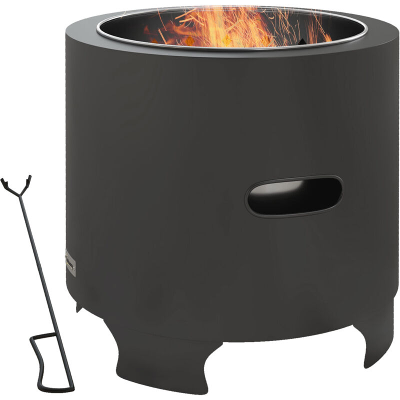 Outsunny Fire Pit, Round Metal Bonfire Stove with Poker, Black
